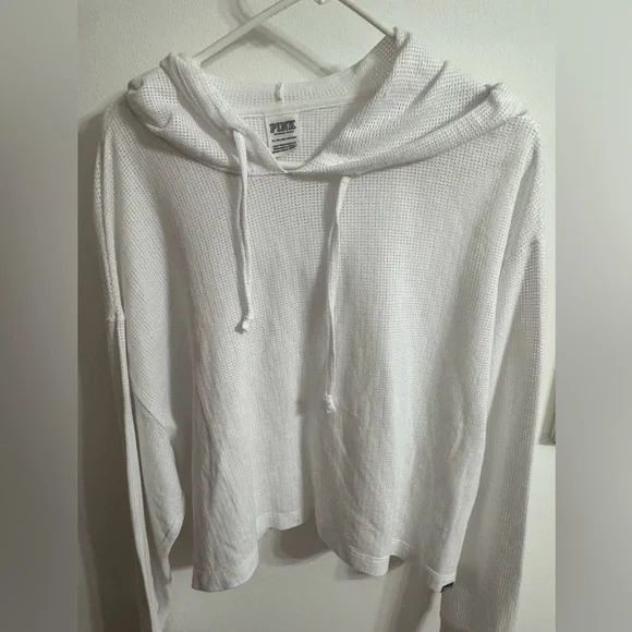 PINK Victoria's Secret White Lightweight Waffle cropped Hoodie - Picture 2 of 6